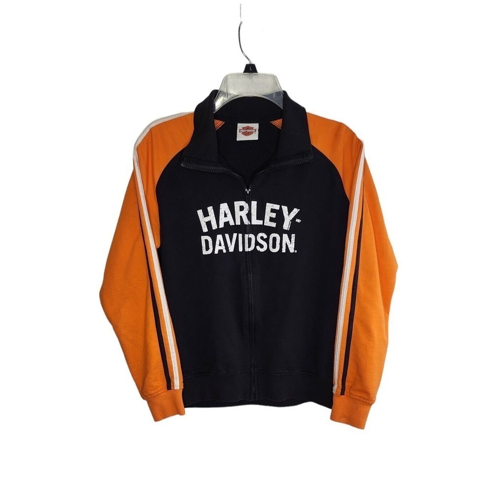 Harley Davidson Full Zip Hoodie Long Sleeve Women's Size M Biker Black Orange